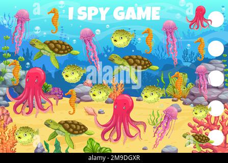 I gioco spia cartone animato subacqueo paesaggio e animali. Kids vettore foglio di lavoro indovinello, puzzle educativo per la matematica per bambini prescolare con polpo, cavallo di mare, meduse, tartaruga e pesci puffer in oceano Illustrazione Vettoriale