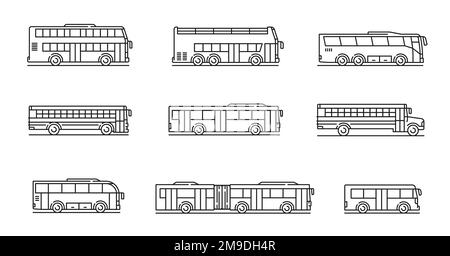 Icone della linea di autobus per città, viaggi e scuole. Il trasporto passeggeri, il trasporto urbano delineano i simboli vettoriali o i pittogrammi a linee sottili con la scuola contemporanea, gli autobus a due piani e articolati Illustrazione Vettoriale