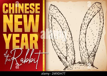 Banner con orecchie coniglietto in stile disegnato a mano, e etichetta con saluto per il Capodanno cinese del coniglio. Illustrazione Vettoriale