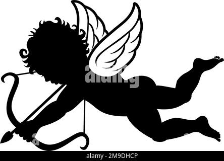 Flying Cupid silhouette spara l'arco. Modello vettoriale per il saluto, biglietto di invito San Valentino su sfondo trasparente Illustrazione Vettoriale