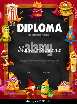 Diploma di ragazzi. Personaggi del fast food, lavagna da caffè. Premio vincitore del concorso per bambini, diploma di vettore per l'educazione dei bambini con allegri popcorn, hamburger e burrito, taco, caffè, pizza e salse Illustrazione Vettoriale