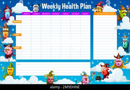 Piano di farmaci settimanale. Cartoon vitaminico mago e personaggi mago su nuvole. Programma sanitario vettoriale con dieta giornaliera dei pasti, prescrizioni mediche e campo per le note. Pianificazione degli orari per la settimana Illustrazione Vettoriale
