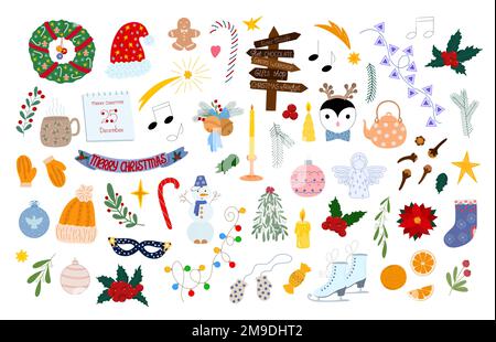 Natale elementi colorati set agrifoglio pianta, pattini, pupazzo di neve, candela, arancione, stelle, ghirland, decorazione in semplice stile cartoon per le vacanze invernali biglietto di auguri, invito, banner, decorazione, adesivi Illustrazione Vettoriale