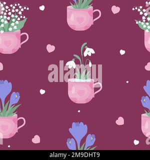 Ripetizione senza giunture. Primavera Bouquet fiori di neve, maggio gigli della valle e croci viola in coppe su sfondo magenta. Illustrazione vettoriale Illustrazione Vettoriale