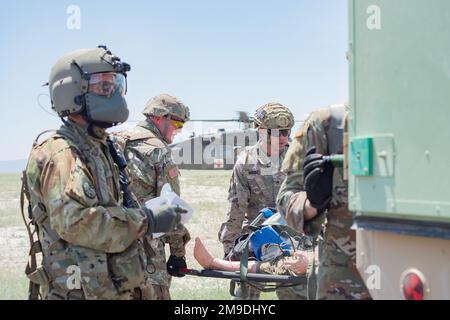 I membri della sede e sede della Guardia Nazionale dell'Esercito Idaho Battery, 1st dei 148th Field Artillery Regiment hanno condotto l'evacuazione medica aerea e il trattamento delle vittime, insieme ai membri del distaccamento 1, Company Golf, 1st dei 168th General Support Aviation Battaglione al Orchard Combat Training Center, maggio 17. Foto Stock