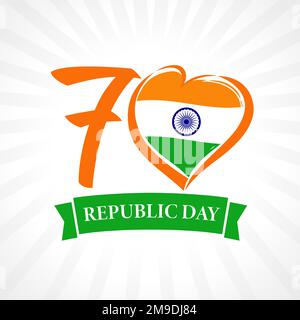 Numero creativo 70th° anniversario con forma a cuore, design per le vacanze in India. Segno vettoriale con bandiera indiana. Modello grafico isolato. Illustrazione Vettoriale