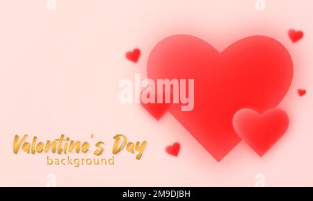 Modello di banner per il giorno di San Valentino felice con 3D cuori rossi luminosi. Pubblicità sui social media, design di inviti o poster con forme realistiche del cuore e. Illustrazione Vettoriale