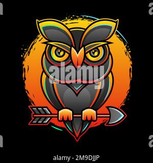 Gufo dalle orecchie lunghe. Ritratto grafico astratto, multicolore, di un gufo nello stile della pop art su sfondo blu scuro. Disegno vettoriale digitale Illustrazione Vettoriale
