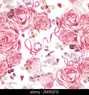 Motivo senza cuciture con rose, farfalle e cuori su sfondo bianco. Illustrazione acquerello. Foto Stock