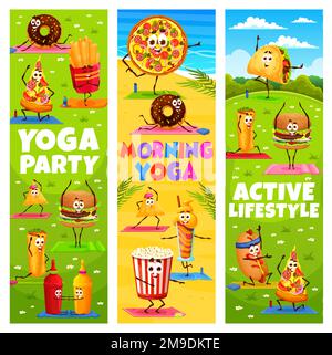 Banner fitness yoga, personaggi e fumetti fast food. Carte vettoriali verticali per corsi di benessere con pizza, hamburger, ciambella, salsa. Tex mex tacos, nachos o burrito con enchilada esercizio Illustrazione Vettoriale