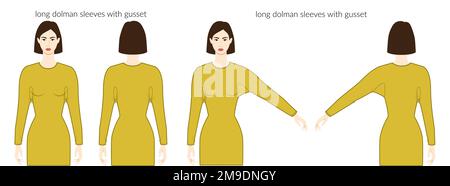 Dolman con maniche a tassello Magyar abiti lunghi - abiti, top, camicie illustrazione tecnica della moda con corpo montato. Modello di abbigliamento piatto anteriore, posteriore. Donne, uomini unisex CAD mockup Illustrazione Vettoriale