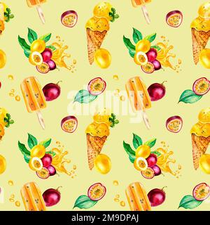 Viola, giallo maracuja e gelato acquerello senza cuciture modello isolato su sfondo giallo. Succo di frutta splash disegnato a mano. Progettazione per l'imballaggio, Foto Stock