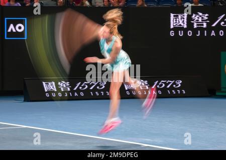 Melbourne, Australia. 18th Jan, 2023. Tennis: Grand Slam - Australian Open, single, donne, 2nd° turno: Pegula (USA) - Sasnovich (Bielorussia). Aliaksandra Sasnovich è in azione. Credit: Frank Molter/dpa/Alamy Live News Foto Stock