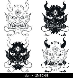 Disegno vettoriale del cranio ninja con maschera giapponese hannya, kunai e shuriken, scala di grigi, bianco e nero Illustrazione Vettoriale