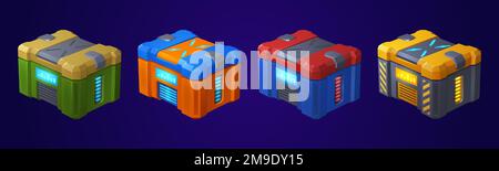 Scatole futuristiche di gioco, future casse tecnologiche. Icone di apparecchiature sci-fi, bottoni con serratura elettronica e display con luce al neon, illustrazione vettoriale dei cartoni isolati sullo sfondo Illustrazione Vettoriale