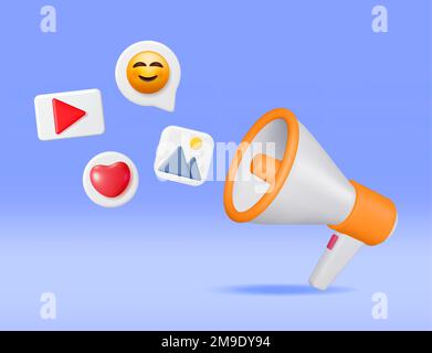 3D Megaphone con icone Flying Social Media Illustrazione Vettoriale