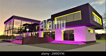 Design esclusivo dell'illuminazione notturna della moderna tenuta suburbana. Vista al portico. Cielo stellato stupefacente. rendering 3d. Foto Stock