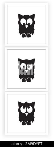 Carino gufi silhouette illustrazioni isolato su sfondo bianco, vettore. Illustrazione divertente, cartone animato, decalcomanie della parete dei bambini, illustrazione della parete dei bambini Illustrazione Vettoriale