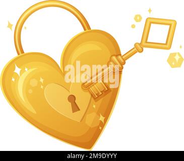 Serratura a forma di cuore dorata e chiave dorata. San Valentino, sentimenti romantici, simbolo di matrimonio concetto. Illustrazione Vettoriale