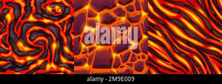 Texture di lava, magma e pietre. Disegni senza cuciture della superficie rocciosa del vulcano con crepe e flussi di lava liquida fusa calda nella vista dall'alto, illustrazione vettoriale dei cartoni animati Illustrazione Vettoriale