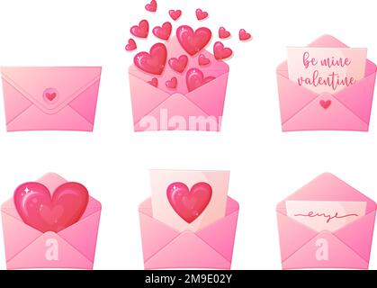 Set di lettere d'amore. Aprire e chiudere la busta con i cuori. Illustrazione Vettoriale