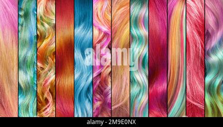 Collage della tavolozza dei colori dei capelli. Set di colori per capelli. Tinte. Campioni di colore dei capelli colorati Foto Stock