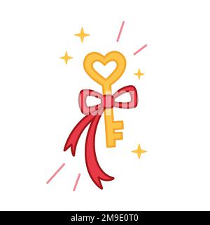 Chiave Golden Heart con nastro. Chiave per il concetto di cuore. Illustrazione vettoriale di una chiave d'amore. San Valentino icona in stile doodle. Stile disegnato a mano. Illustrazione Vettoriale