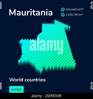 Mauritania mappa 3D. Mappa vettoriale a righe al neon isometrica stilizzata nei colori verde e menta Illustrazione Vettoriale