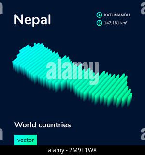 Mappa del Nepal 3D. Mappa vettoriale a righe al neon isometrica stilizzata nei colori verde e menta Illustrazione Vettoriale