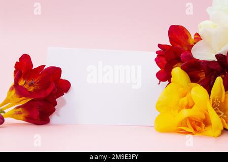 Bouquet di freesie gialle e rosse con carta per testo. Vacanze, Internazionale delle donne, Festa della mamma, compleanno, Marzo 8. Spazio di copia Foto Stock