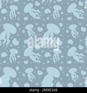 Motivo mare senza cuciture con meduse, stelle marine, conchiglie e spruzzi di sfondo blu. Foto Stock