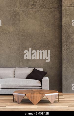soggiorno moderno con tavolo, divano, design industriale e pareti in cemento 3d Foto Stock