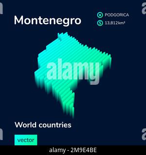 Mappa Montenegro 3D. Mappa vettoriale a righe al neon isometrica stilizzata nei colori verde e menta Illustrazione Vettoriale