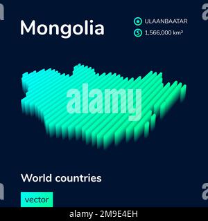 Mappa Mongolia 3D. Mappa vettoriale a strisce isometriche al neon stilizzate in colori verdi su sfondo blu Illustrazione Vettoriale