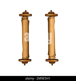Antico Egitto papiro scorre con cartoni di legno illustrazione vettore cartoni animati. Simbolo della cultura egiziana, carta antica per memorizzare le informazioni con bastoni di legno, piegato e isolato su sfondo bianco Illustrazione Vettoriale