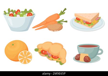 set di prodotti sandwich cornetto con prosciutto formaggio e pomodori una tazza di caffè con dolci verdure arance e una ciotola di insalata Illustrazione Vettoriale