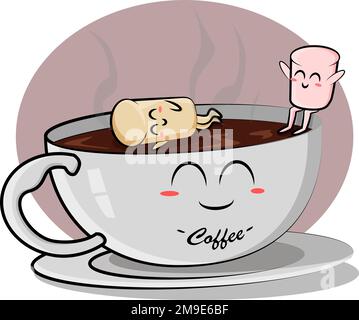 I deliziosi marshmallows galleggiano in una tazza di caffè caldo Illustrazione Vettoriale