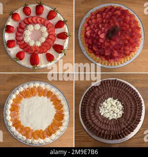 Tre torte alla frutta una torta al cioccolato, Meclemburgo, Pomerania occidentale, Germania Foto Stock