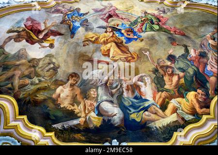 Affresco del soffitto, il Giudizio universale, Chiesa di San Pietro e Paolo, Bad Petersthal, Allgaeu, Baviera, Germania Foto Stock