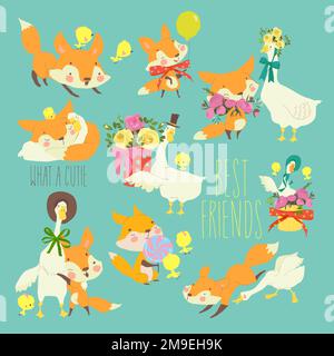 Set di cartoni animati con volpi e oca Illustrazione Vettoriale