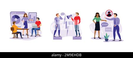 Cultura aziendale. Cultura del luogo di lavoro, divario di comunicazione, discriminazione razziale, team aziendale, linguaggio del corpo. imposta disegno vettoriale piatto moderno Illustrazione Vettoriale