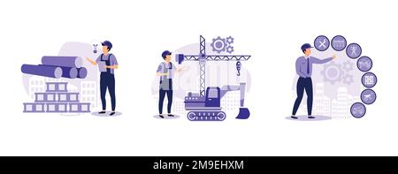 Innovazione della tecnologia delle costruzioni. Materiali da costruzione innovativi, macchinari moderni, modellazione delle informazioni sugli edifici. impostare vettore piatto moderno Illustrazione Vettoriale