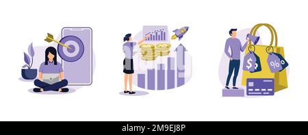 Coinvolgimento del cliente. Gestione dei lead, aumento del piano di vendita, carta fedeltà e sconto, servizio clienti, strategia di marketing digitale. impostare la modalità vettore piatto Illustrazione Vettoriale