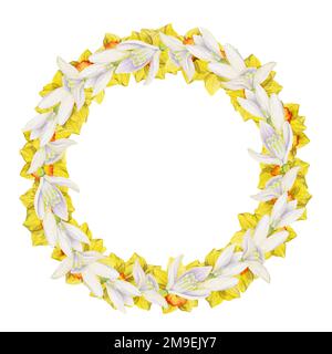 Acquerello corona circolare disegnata a mano con fiori primaverili, narcisi, croco, gocce di neve, foglie. Isolato su sfondo bianco. Progettare per gli inviti Foto Stock