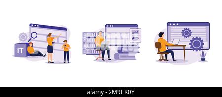 Formazione di specialisti IT. Corsi di informatica, corsi di laurea online sui big data, competenze informatiche avanzate. imposta disegno vettoriale piatto moderno Illustrazione Vettoriale