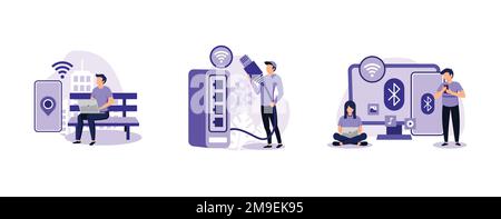 Trasferimento dei dati. Hotspot wi-fi pubblico, tecnologia ethernet, connessione di dispositivi wireless, infrastruttura Web, rete di computer. impostare piatto vettore moderno ill Illustrazione Vettoriale