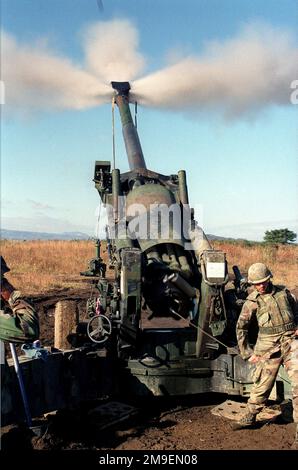 Direttamente sul colpo medio di US Marine Private First Class Ethan Fuller, un cannoneer della Lima Company, 3rd battaglione, 12th Marines, da Camp Hansen, Okinawa, Il Giappone, tira il cordone su un Howitzer M198 155mm durante uno degli esercizi di allenamento al The Artillery Relocation Shoot a Ojojihara, Giappone. Subject Operation/Series: OJOJIHARA ARTILLERY RELOCATION SHOOT base: Ojojihara base Camp Paese: Giappone (JPN) Foto Stock