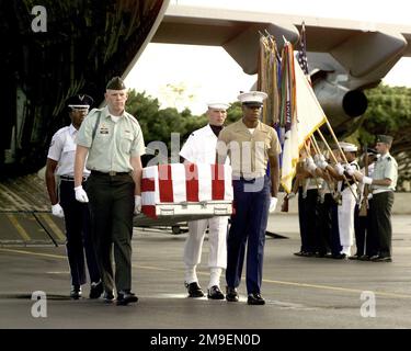 Una Joint Honor Guard rimuove una scrigno dalla parte posteriore di un Globemaster III C-17A Durante una cerimonia di rimpatrio, il 19th novembre 1999, alla base dell'aeronautica militare di Hickam, Hawaii, i membri militari degli Stati Uniti hanno assegnato al comando del Pacifico il trasporto di una delle 11 serie di resti che si ritiene siano non contabilizzati per gli americani di due guerre diverse. Base: Hickam Air Force base Stato: Hawaii (HI) Paese: Stati Uniti d'America (USA) Foto Stock
