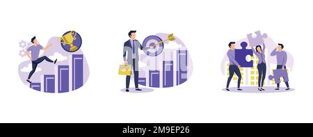 Crescita aziendale. Obiettivi, motivazione e collaborazione, raggiungimento e coaching, cooperazione aziendale, incontri aziendali. impostare piatto vettore moderno illus Illustrazione Vettoriale