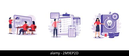 Gestione dei progetti. Briefing aziendale, pianificazione del ciclo di vita del progetto, assegnazione delle attività, business case, report sui dati finanziari. set piatto vettore moderno illu Illustrazione Vettoriale